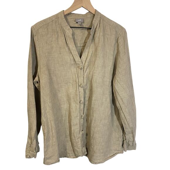 J. Jill 100% Linen Woven Long Sleeve Button Up Shirt Blouse Collarless Tan Sz L - Picture 1 of 9